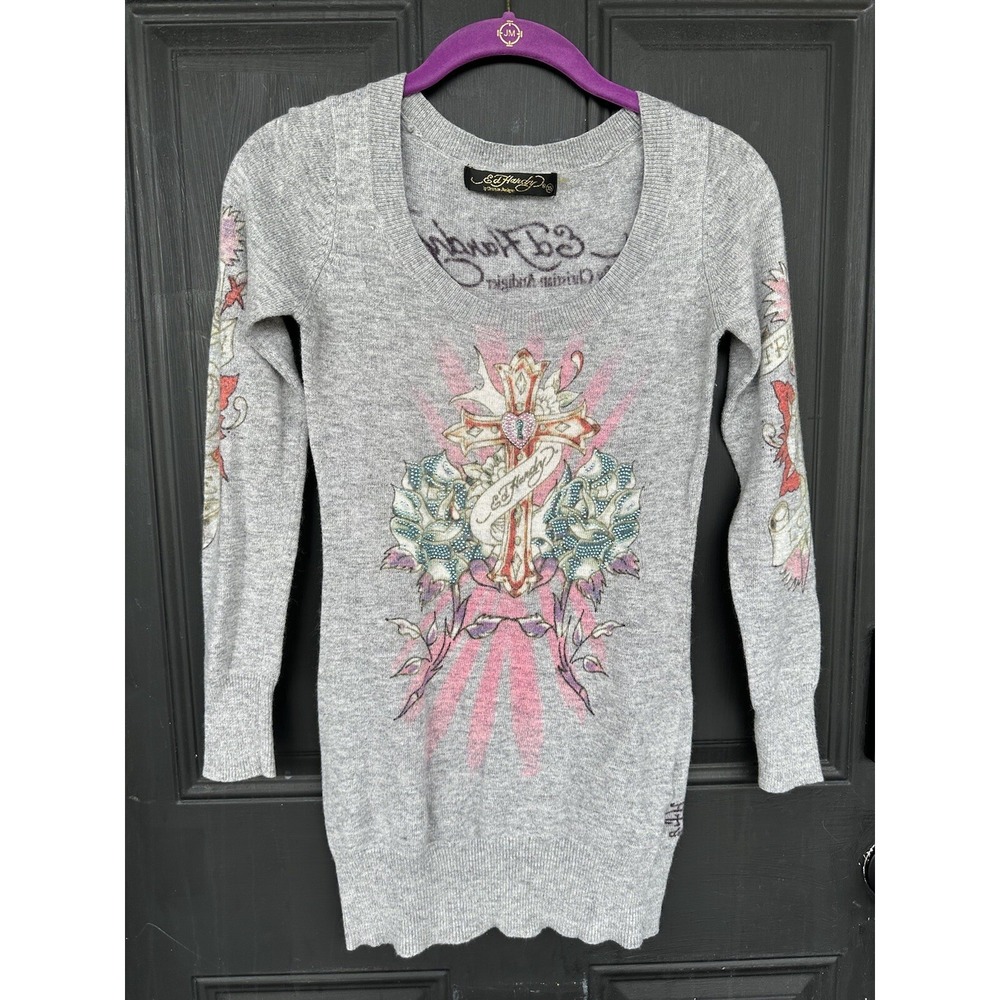 Ed Hardy Women's Cross and Roses Embellished Gray Wool Sweater Size XS‎
